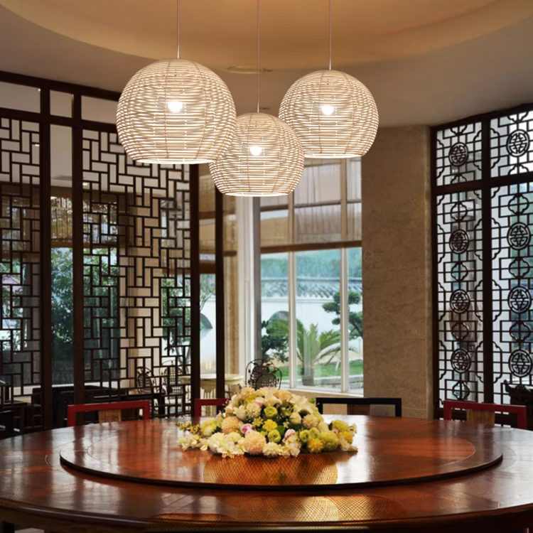 Statement woven rattan pendant light for a stylish cafe or restaurant decor
