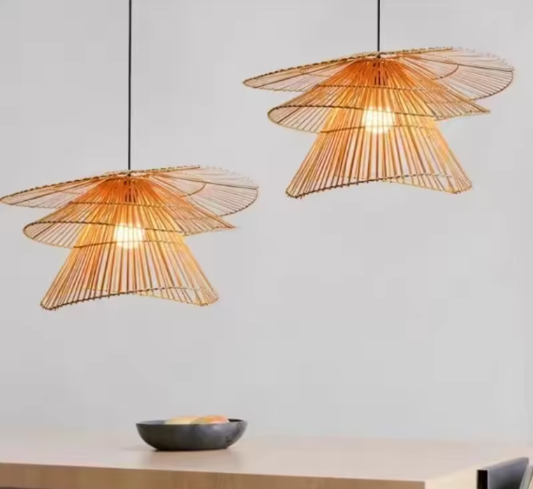 Straw hat shape rattan pendant shade featuring intricate vertical bamboo slats and curved edges