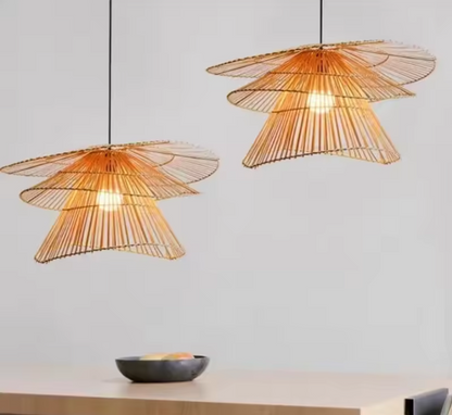 Straw hat shape rattan pendant shade featuring intricate vertical bamboo slats and curved edges