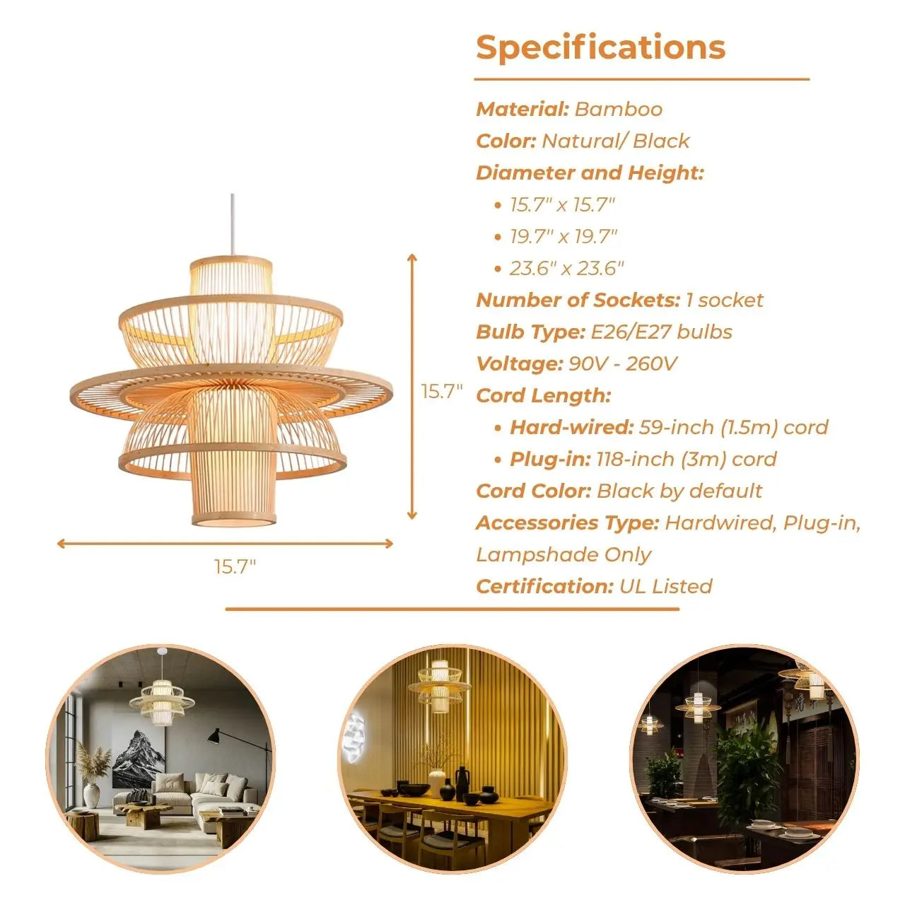 Sustainable bamboo spoke cage hanging lamp crafted from premium renewable materials