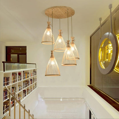Sustainable bamboo woven chandelier with bohemian farmhouse aesthetic