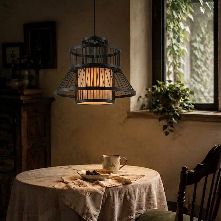 Sustainable black tiered bamboo wood ceiling light with warm soft glow
