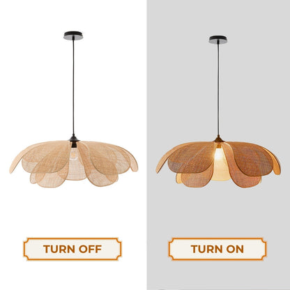 Sustainable earthy tan floating lamp shade emphasizing its ultra-light, translucent mesh weave that eliminates harsh bulb glare.