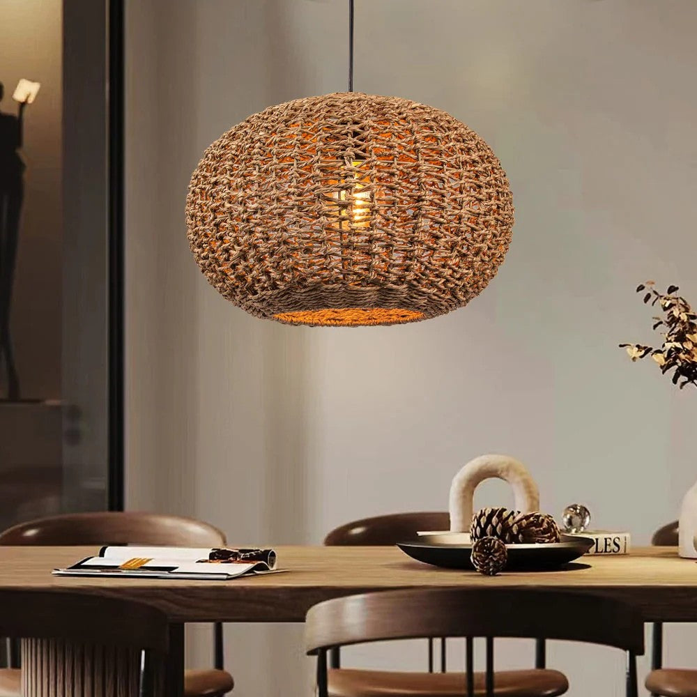 Sustainable jute pendant light creating cozy dining room atmosphere