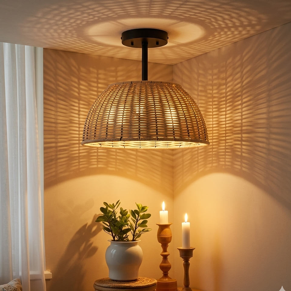 Sustainable natural fiber dome ceiling lamp designed for eco-conscious and modern interior decor.