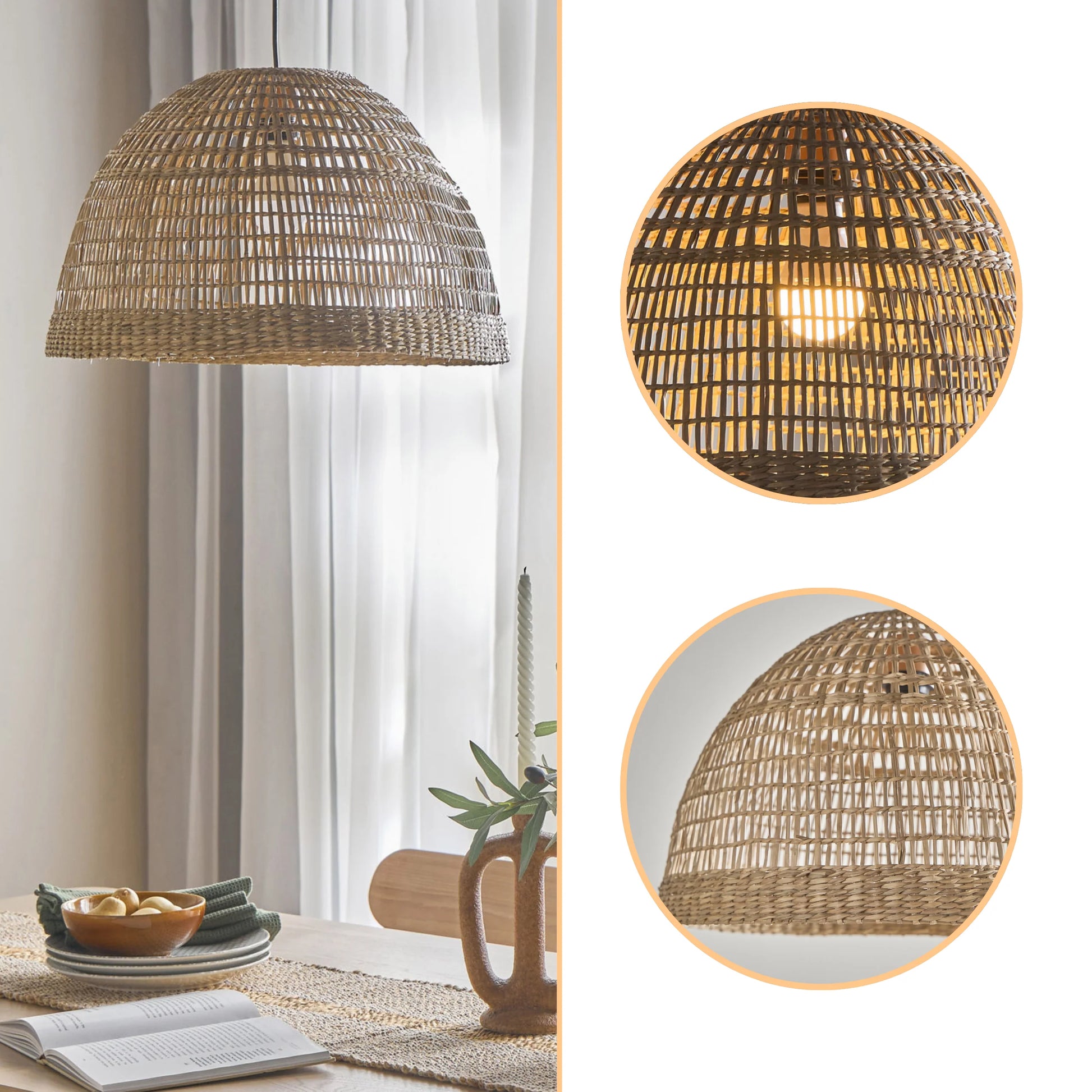 Sustainable dome ceiling lamp crafted from organic handwoven rattan fibers