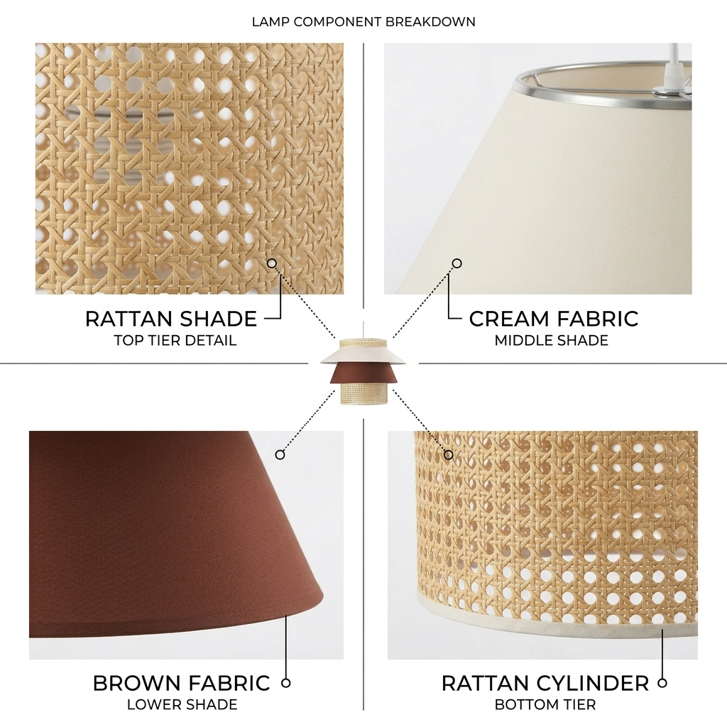 Sustainable woven rattan and fabric multi-layer hanging lamp made from non-toxic natural materials.