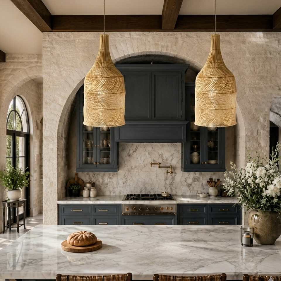 Textured bamboo light hanging over a kitchen island, perfect for a rustic-modern culinary workspace.