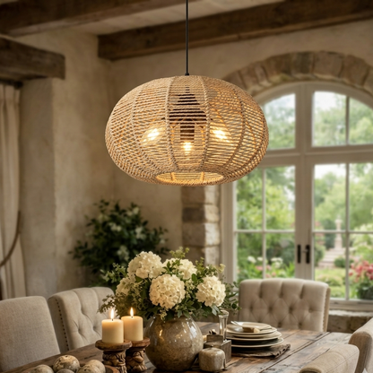 Textured fiber basket light fixture perfect for adding natural character to a kitchen ceiling.
