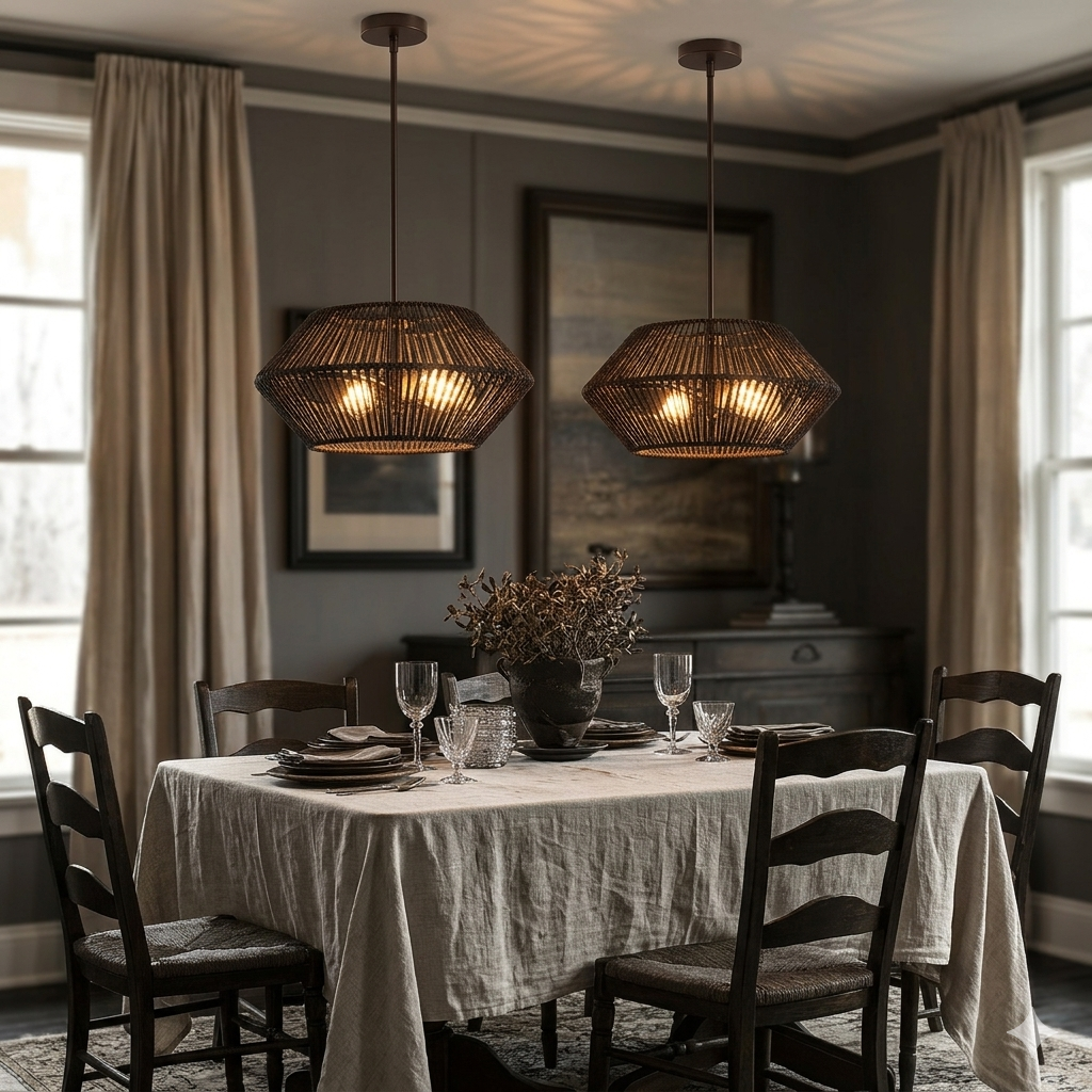 Textured fiber basket light fixture perfect for adding natural character to a kitchen ceiling.