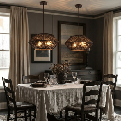 Textured fiber basket light fixture perfect for adding natural character to a kitchen ceiling.