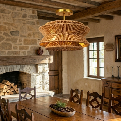 Textured hemp light hanging over a kitchen island, perfect for a rustic-modern culinary workspace.