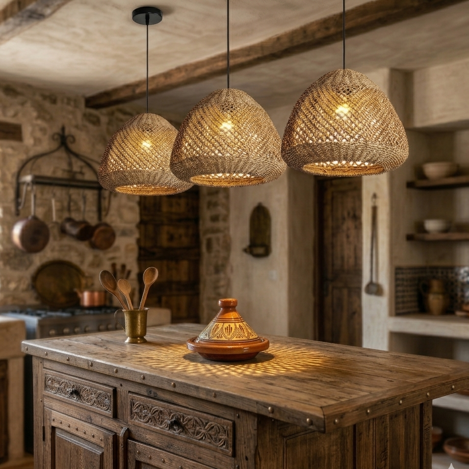 Textured jute light fixture perfect for adding natural character to a kitchen island ceiling.