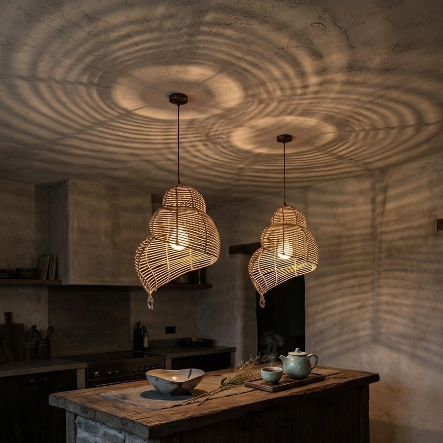 Textured rattan light fixture perfect for adding natural, rustic, and organic character to a kitchen island.