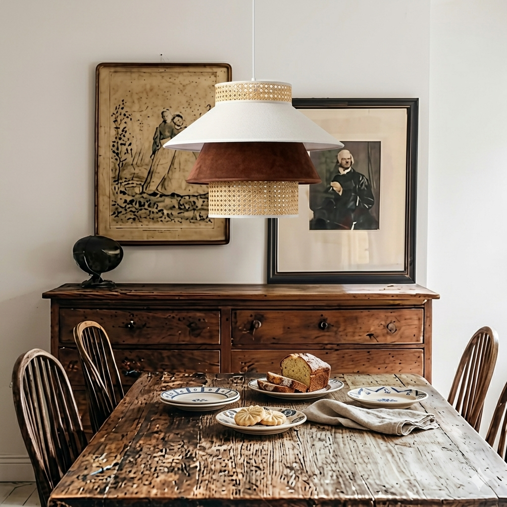 Textured rattan layered light fixture perfect for adding natural character to a kitchen island.