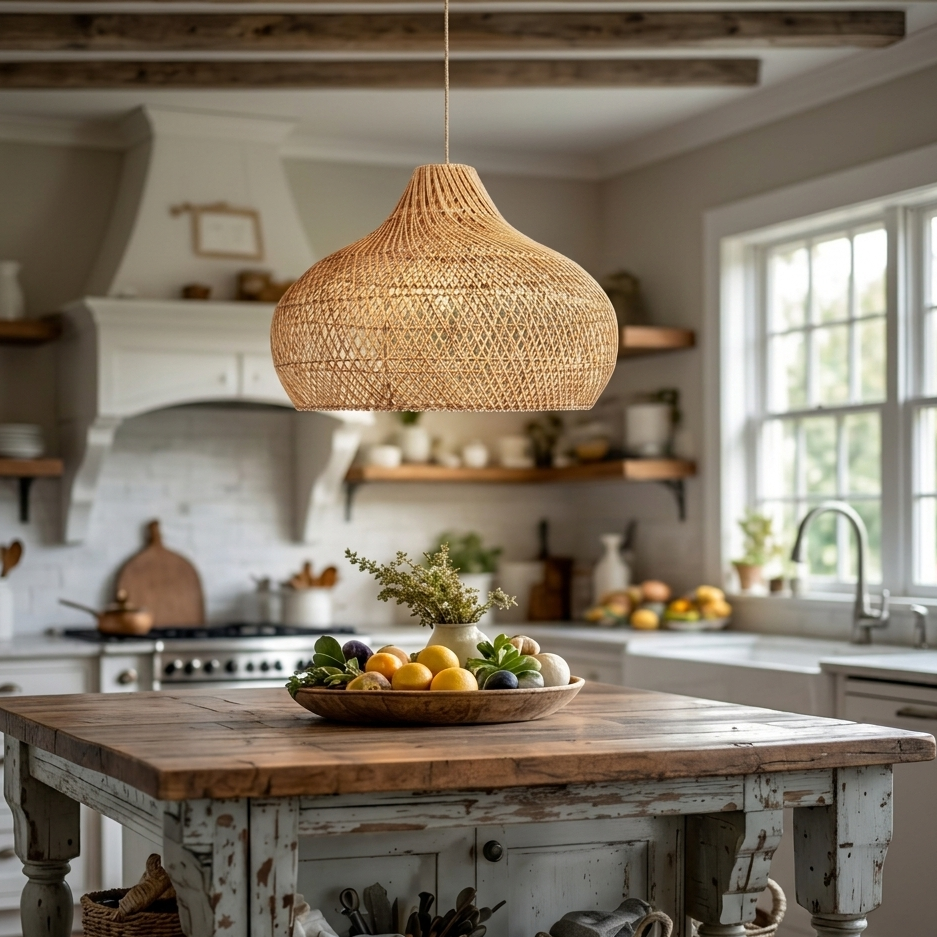 Textured rattan light hanging over a kitchen island, perfect for a rustic-modern culinary workspace.