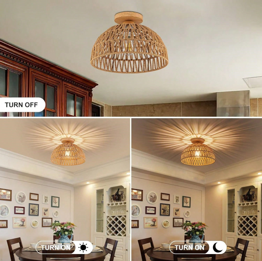 Textured rattan rope light fixture perfect for adding natural, rustic, and organic character to a kitchen island.