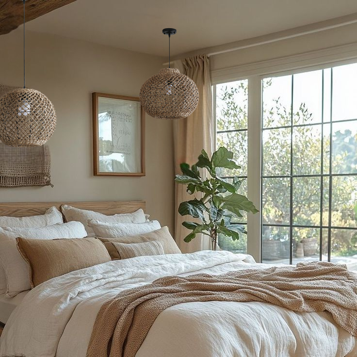 Textured rope dome pendant light for a cozy bedroom atmosphere