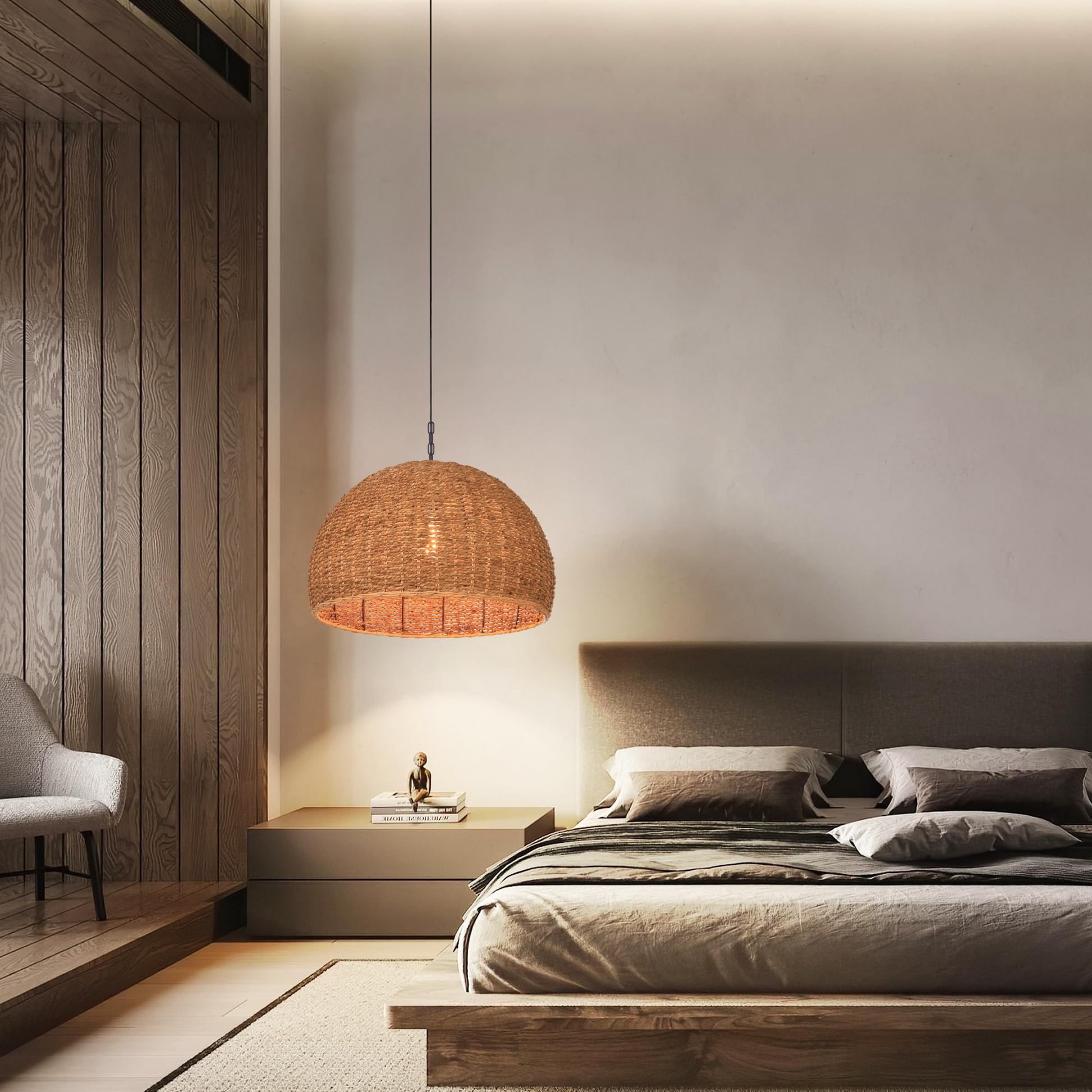 Textured seagrass hanging dome lamp for warm and inviting bedroom lighting