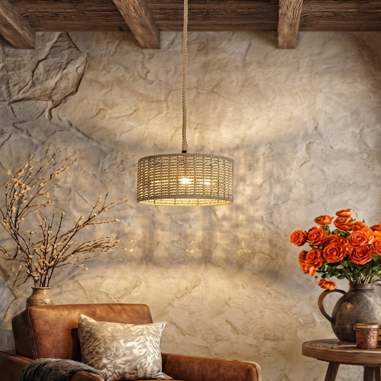 Textured woven drum ceiling lamp adding sophisticated artistic flair to a stylish living room area.