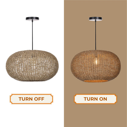 Textured woven jute pendant light with a classic rounded shape