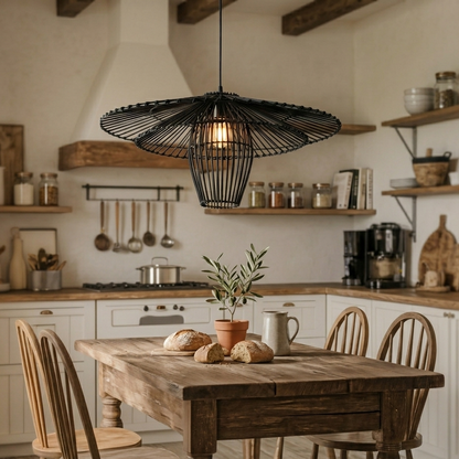 Textured black rattan light for kitchen decor adding organic warmth to culinary spaces