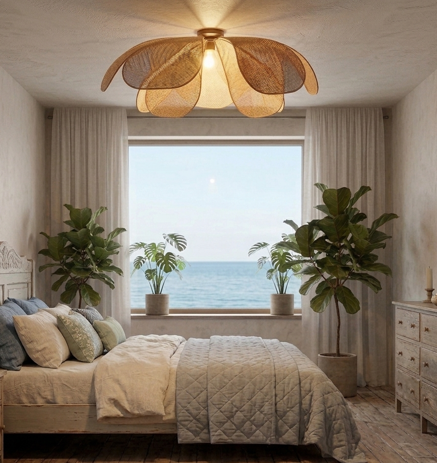 Peaceful zen bedroom straw petal lamp casting gentle, organic layered shadows for a deeply relaxing, sleep-inducing bedroom atmosphere.