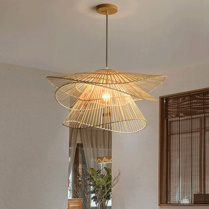  Tiered bamboo pendant light with a unique layered wave design hanging from a sloped wooden ceiling.