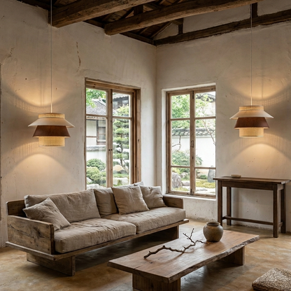 Elegant tiered rattan pendant light enhancing the natural aesthetic of a living room area.