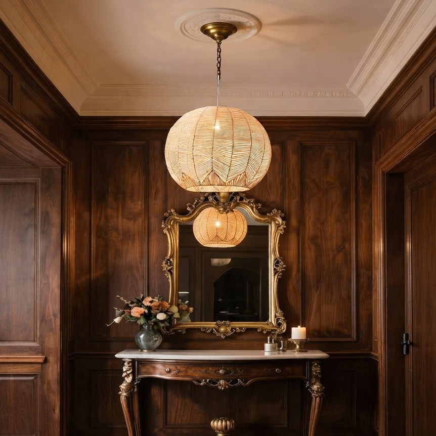 A square, eye-level photograph of a classically styled entryway featuring dark wood paneling, an ornate gilded mirror, and a marble-top console table.