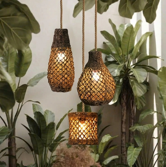 Tropical style jute pendant cluster suitable for covered outdoor patios, adding a natural organic vibe.