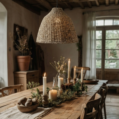 Stylish boho chic jute pendant lamp for a trendy bohemian interior look.