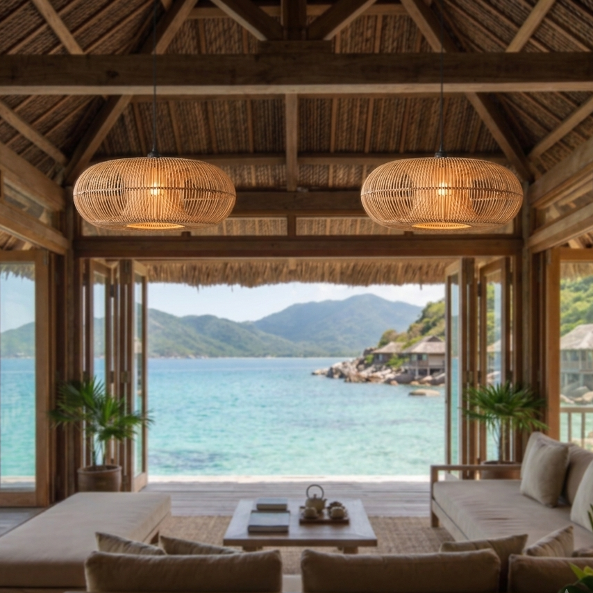 A beautiful hand-woven wicker pendant light creating a relaxing, luxury atmosphere at a tropical beachfront resort.