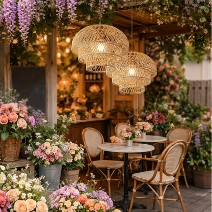 Chic rattan light fixture used as high-end interior decor in a trendy and modern coffee shop.