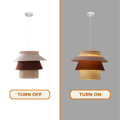 Tropical vibe layered rattan and fabric pendant light perfect for an exotic and luxurious resort-style home.