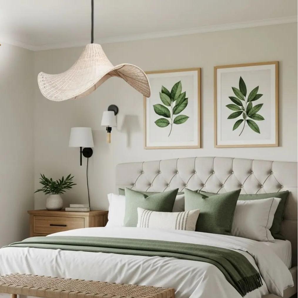 Tropical  wave hanging lamp adding a peaceful, earthy, and unique aesthetic to bedside bedroom decor.