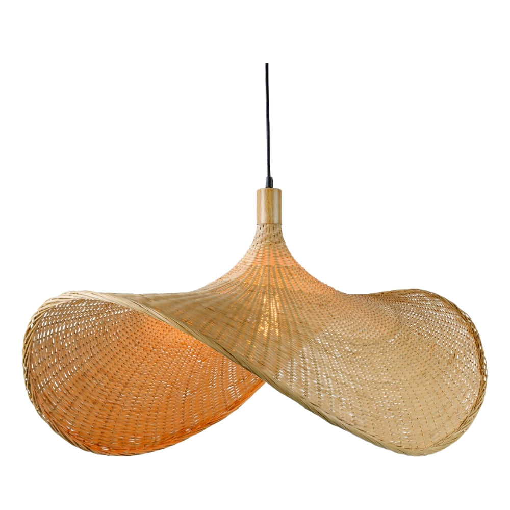 Close-up of an undulating bamboo wide-brim pendant light showing the beautiful curved edges of the woven texture.