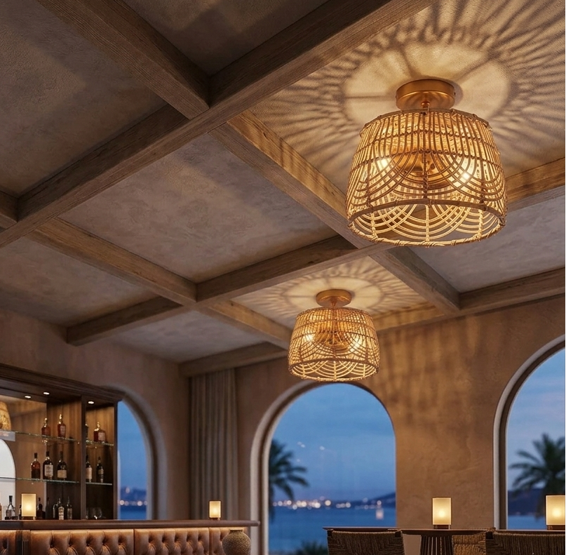 Unique bamboo ceiling light adding a sophisticated, natural, and memorable look to a dining venue.