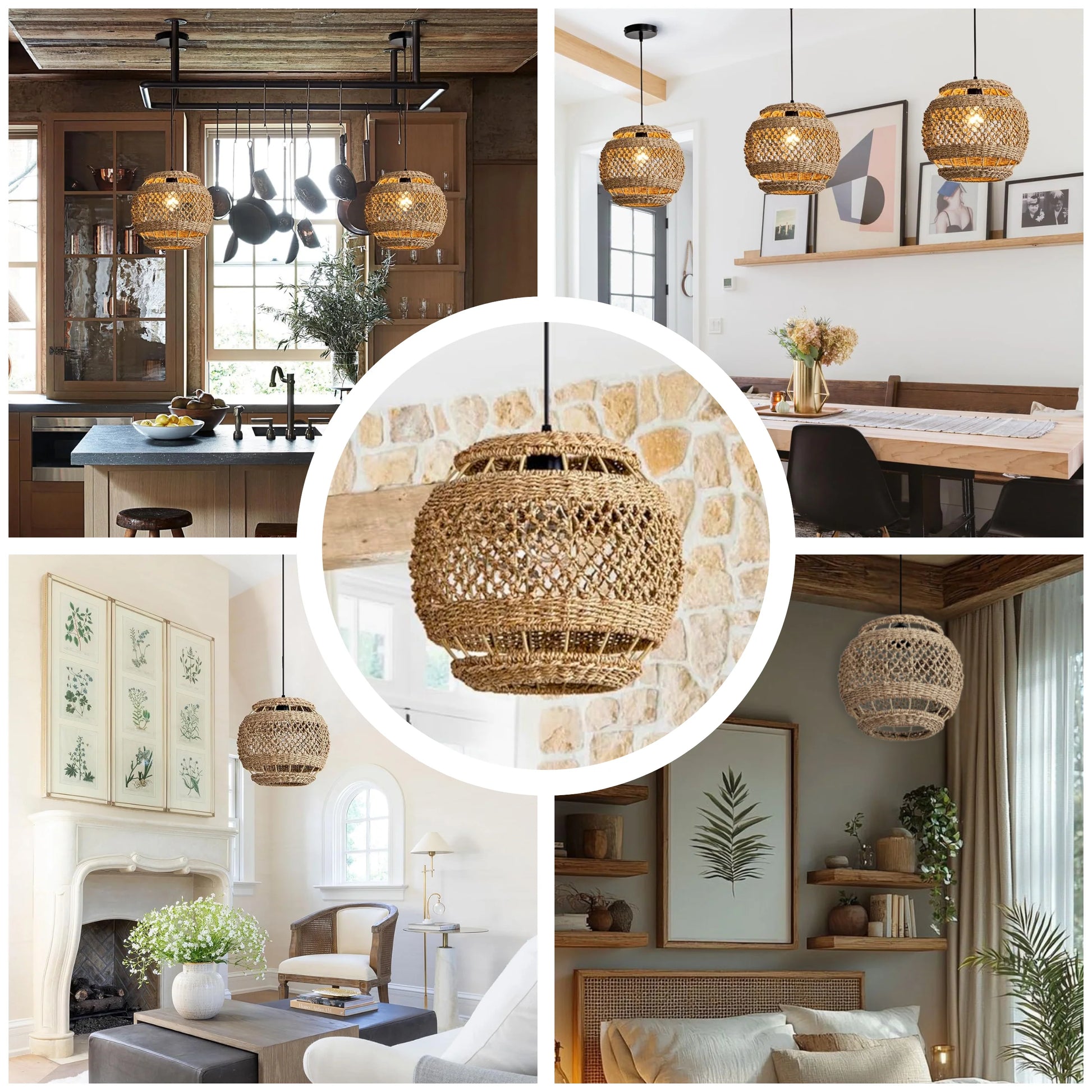 Unique round woven rattan light shade with a distinctive and detailed handmade design