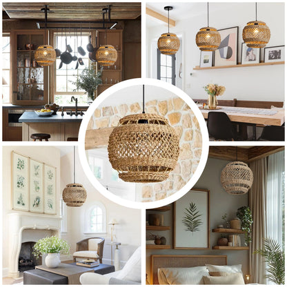 Unique round woven rattan light shade with a distinctive and detailed handmade design