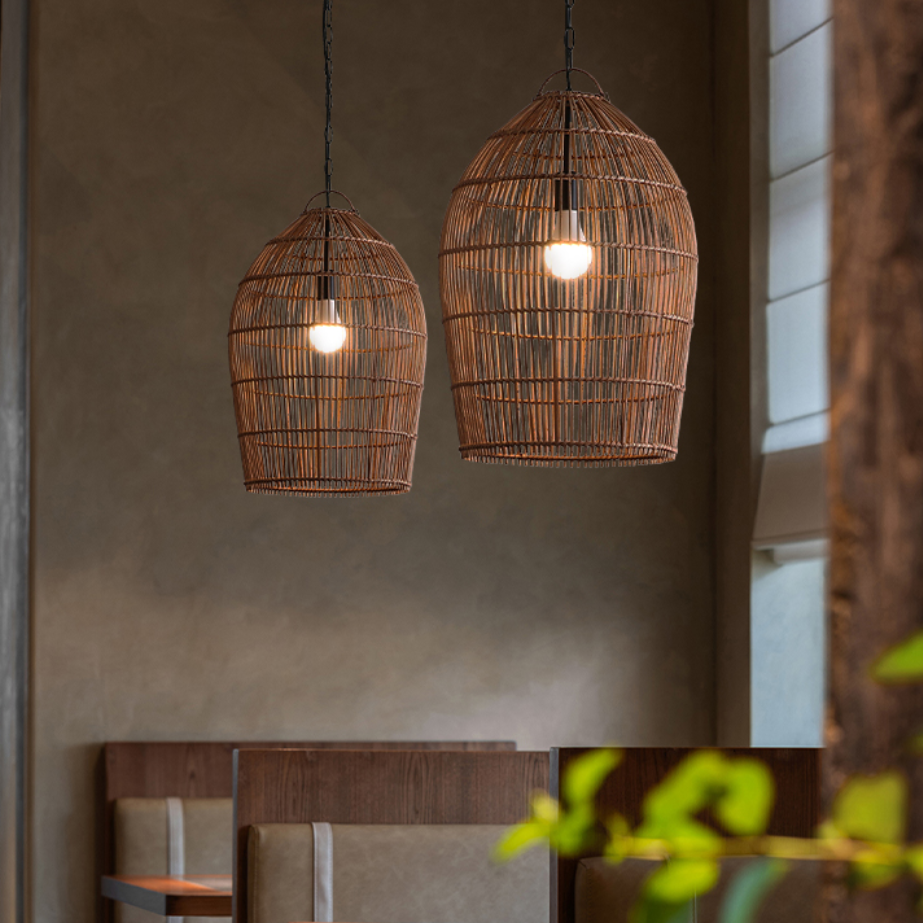 Unique woven rattan light fixture adding rustic charm to cafe decor