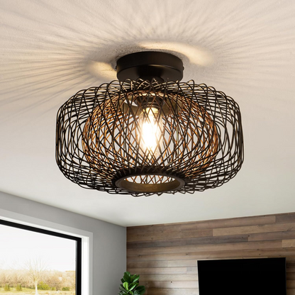Urban chic black metal cage flush mount light suitable for trendy apartment living.