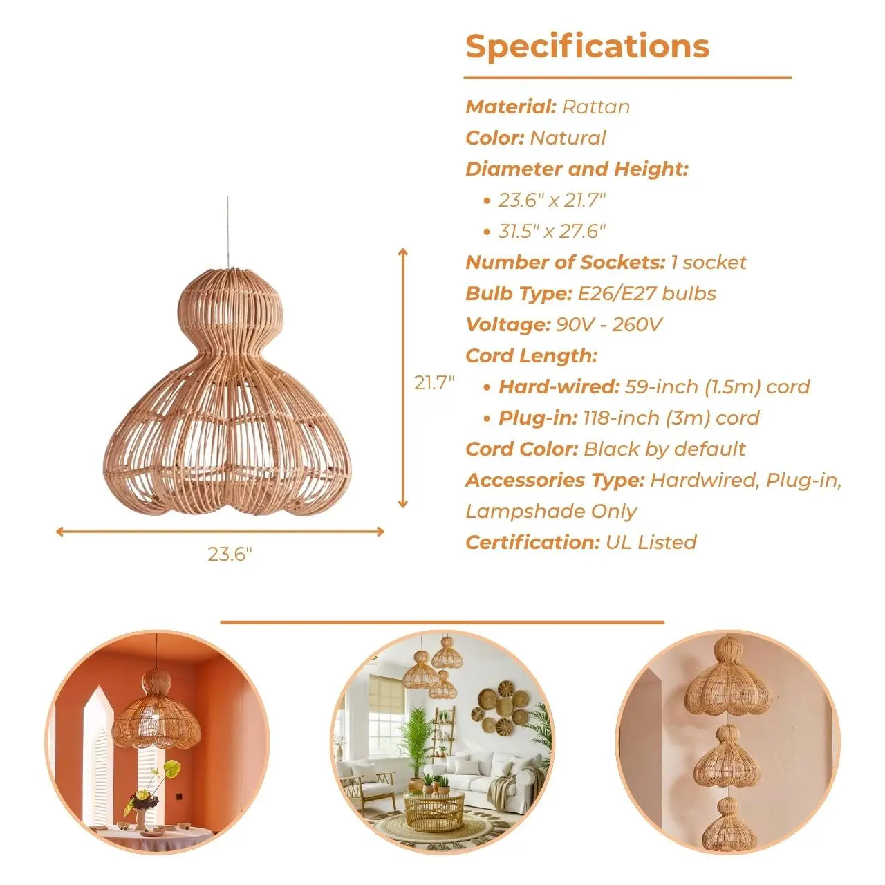 Urban chic rattan basket hanging light suitable for trendy modern city apartments.