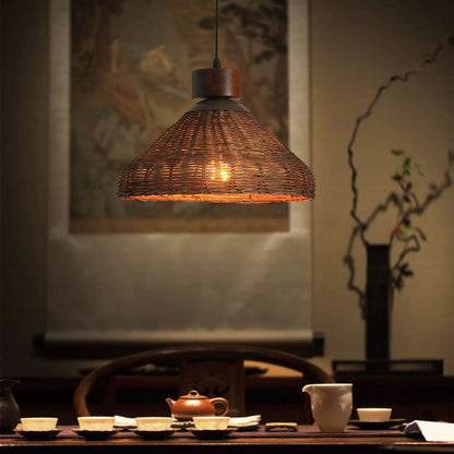 Urban chic rattan and wood hanging light suitable for trendy modern city apartments.