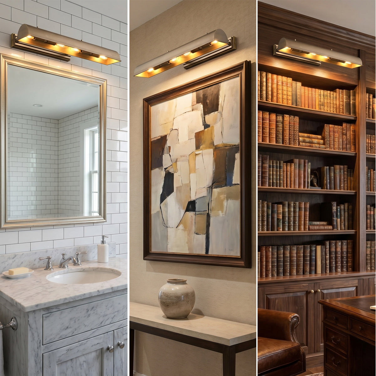 A three-panel collage showing wall-mounted rectangular light fixtures installed above a bathroom mirror, above framed abstract wall art, and above a wooden bookshelf in a library setting.