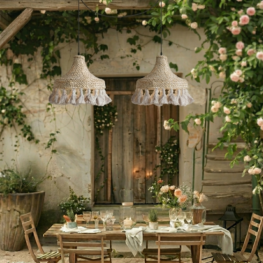 Vintage inspired tassel woven pendant light with a unique retro-meets-natural design profile.