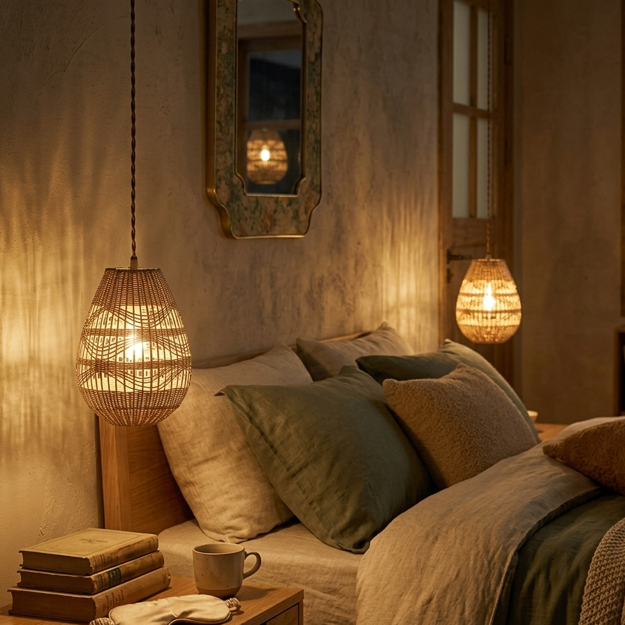 Serene rattan egg ceiling lamp designed for a master bedroom, promoting a restful and calm environment.