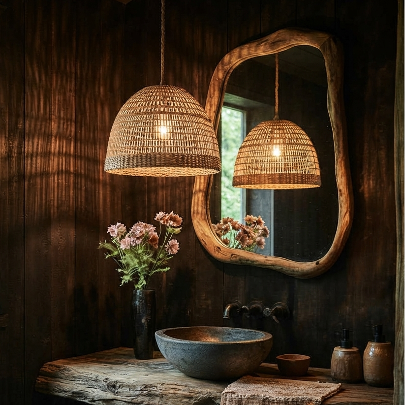 Vintage style woven basket pendant light with a retro hand-knitted design.
