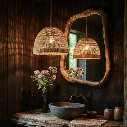 Vintage style woven basket pendant light with a retro hand-knitted design.