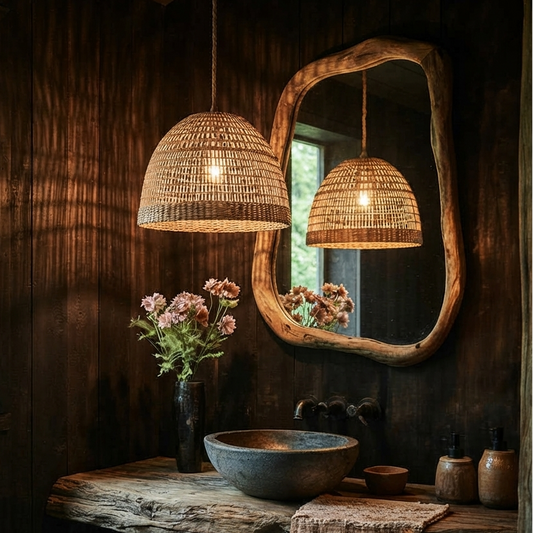Vintage style woven basket pendant light with a retro hand-knitted design.